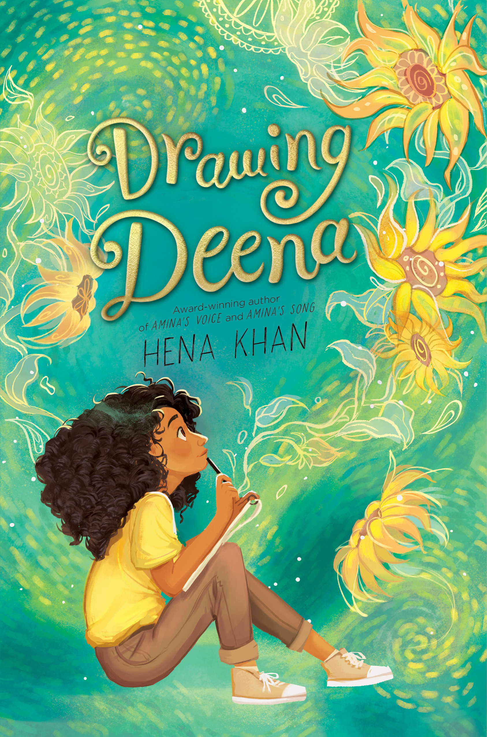 A girl with brown skin and curly black hair sits with a notebook on her knees and a pen in her hand, dreaming of sunflowers.