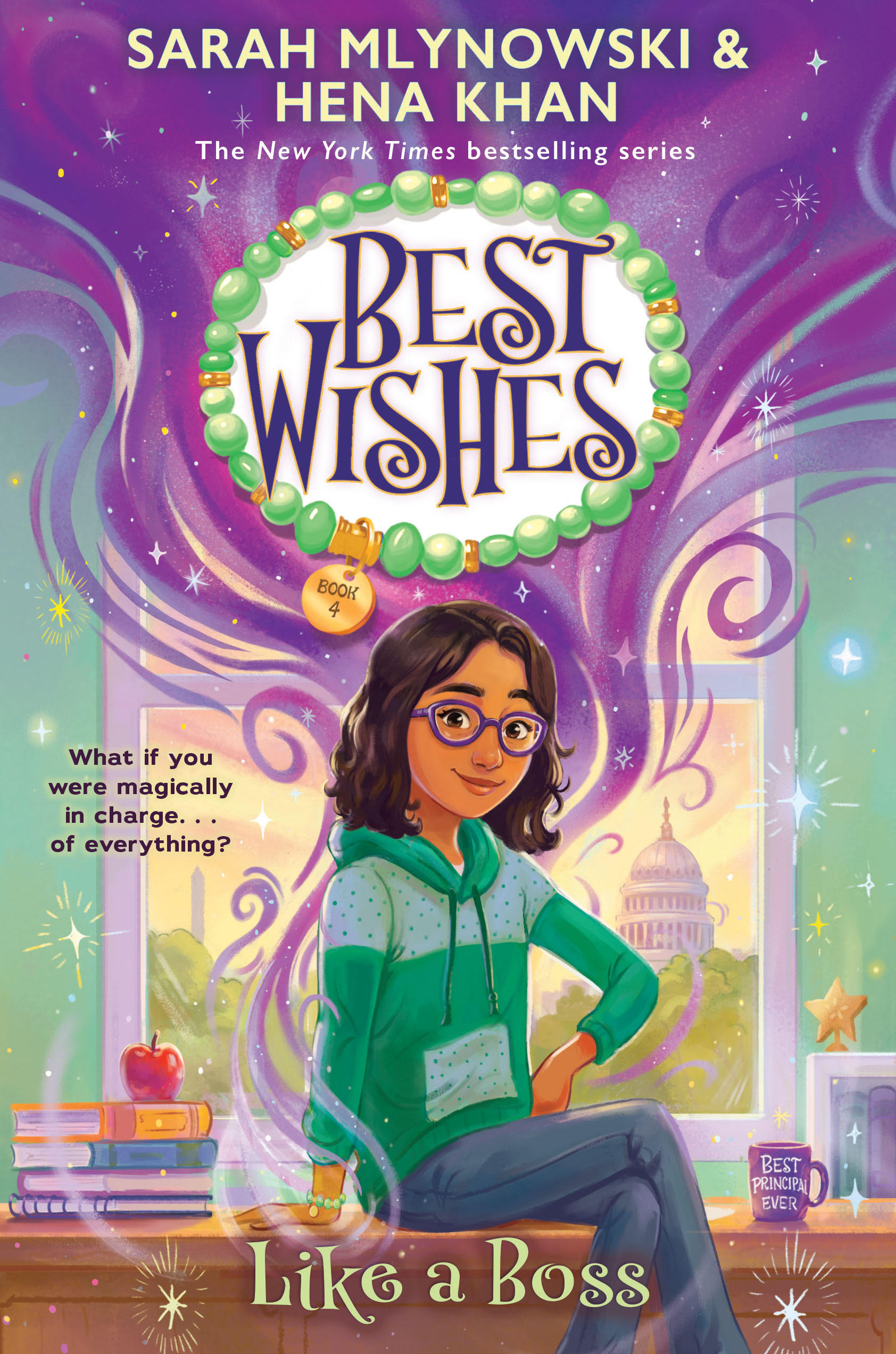 A brown girl with glasses and brown hair is wearing a green sweater. She stands against a window with the U.S. Capitol visible behind it. Purple swirls rise around her and the title "Best Wishes" appears at the top. The title "Like a Boss" appears at the bottom. The girl is sitting on a desk with a stack of books and an apple on her right and a purple coffee mug on her left.